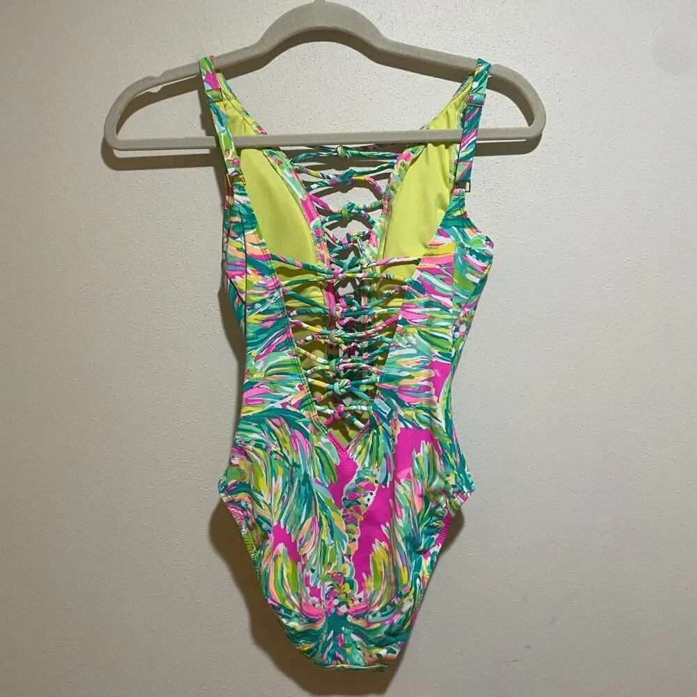 Lilly Pulitzer Size 0 Isle Lattice One Piece Swimsuit Swim Suit Shady Lady Palm - Picture 7 of 11